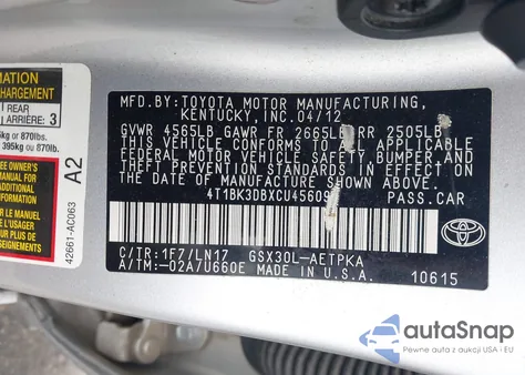 2012 Toyota Avalon Limited из США, поврежденный, VIN 4T1BK3DBXCU456094